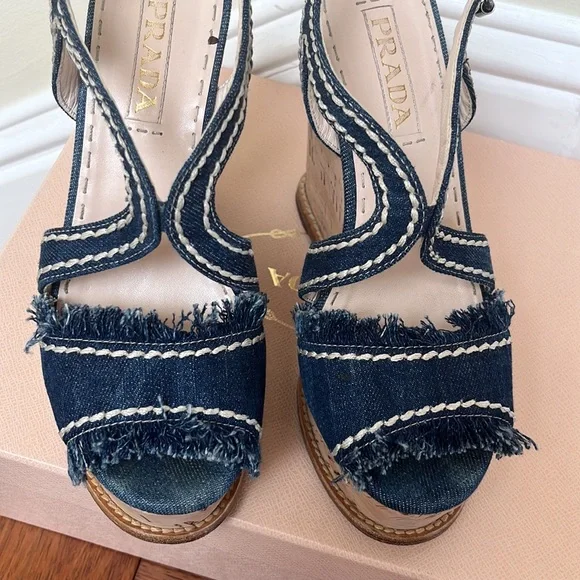 Prada | Denim Fringe Cork Wedges Size 37 Blue White Stitched - Picture 7 of 12